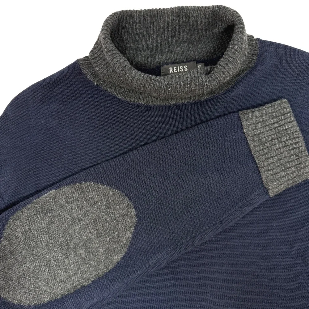 Reiss Mens XL Navy Blue Cotton Lambswool Cashmere Turtleneck Elbow Patch Sweater